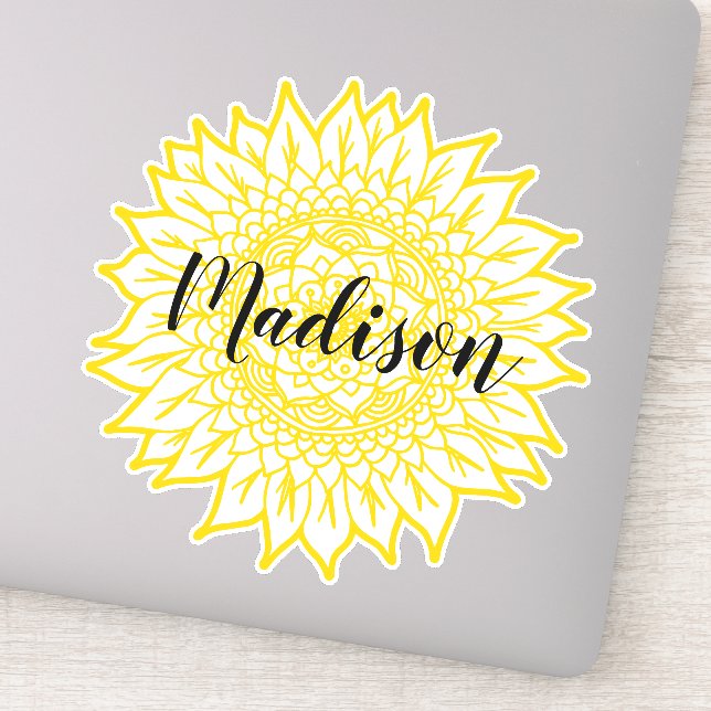 Individuelle Name Gelbe Sonnenblume Blume Mandala Aufkleber (Detail)