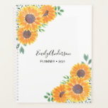 Individuelle Name Gelbe Sonnenblume Planer<br><div class="desc">Sonnenblumen machen Freude!
Dieser hübsche Planer ist mit Aquarellsonnenblumen und grünem Blattwerk auf weißem Hintergrund dekoriert.
Sie können es personalisieren, indem Sie Ihren Namen hinzufügen und das Jahr ändern.
Original Wasserfarbe © Michele Davies.</div>