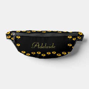 Individuelle Name Gelbe Sonnenblumen auf schwarz Bauchtasche