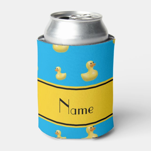 Individuelle Name gelber Streifen blaue Gummiente Dosenkühler (Kanne Vorderseite)