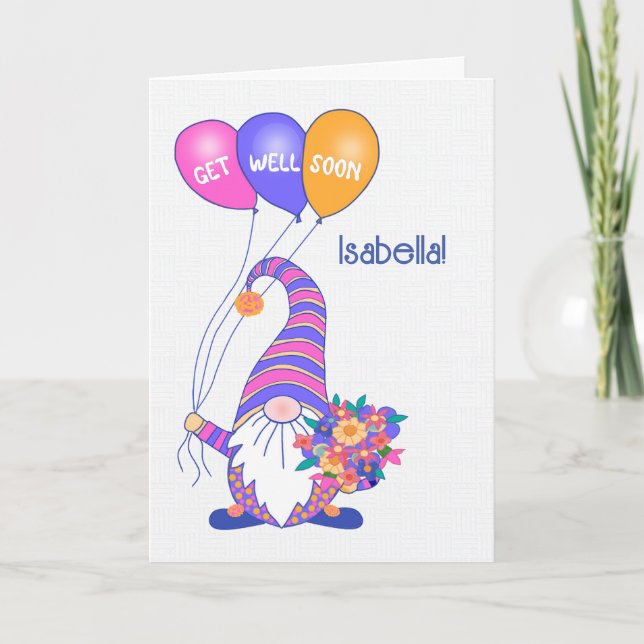 Individuelle Name Get Well Gnome Balloons Blume Ca Karte (Vorderseite)