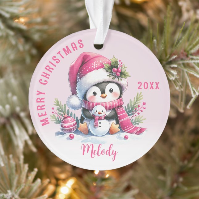 Individuelle Name Girly Penguin Pink Weihnachten Ornament (Baum)