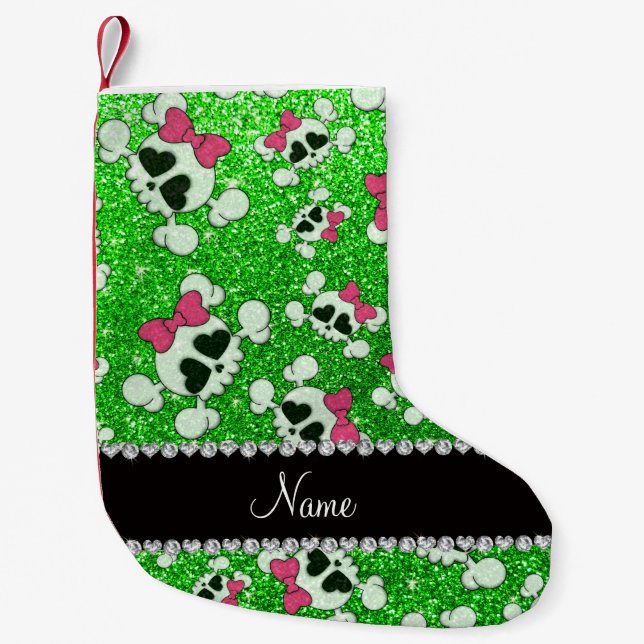 Individuelle Name Glitzer Limone grüne Schädel ros Kleiner Weihnachtsstrumpf (Vorderseite)
