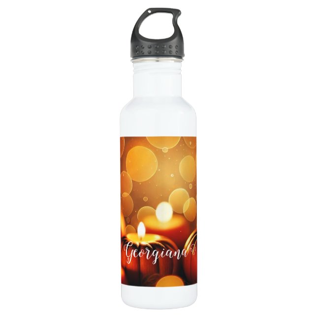 Individuelle Name Glows Pumpkins Autumnal Bokeh-Ef Edelstahlflasche (Vorderseite)