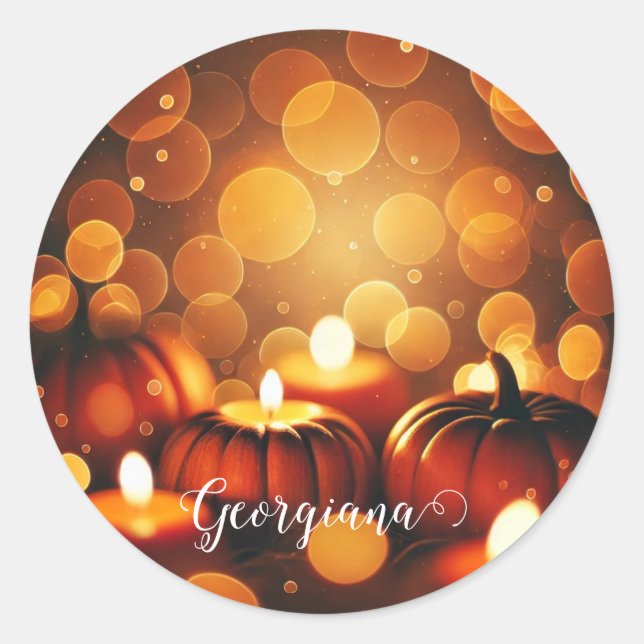 Individuelle Name Glows Pumpkins Autumnal Bokeh-Ef Runder Aufkleber (Vorderseite)