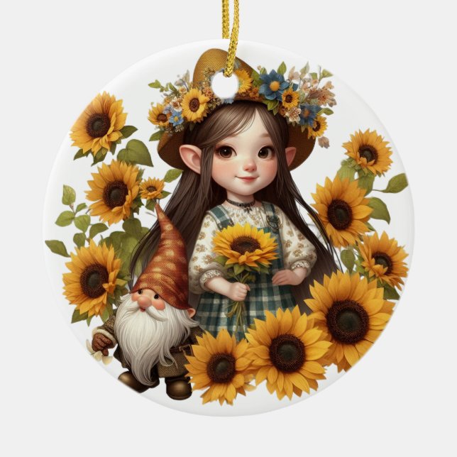 Individuelle Name-Gnome Sonnenblumen Keramik Ornament (Vorne)