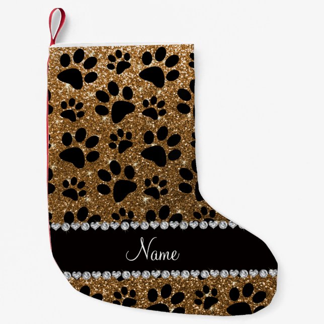 Individuelle Name Gold Glitzer Schwarzhundekuchen Kleiner Weihnachtsstrumpf (Vorderseite)