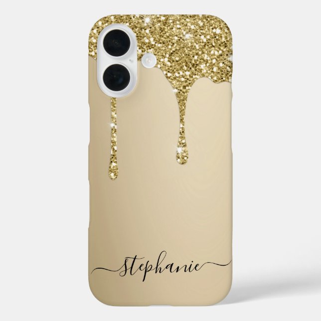 Individuelle Name Gold Glitzer Tropfen iPhone 16 Hülle (Rückseite)