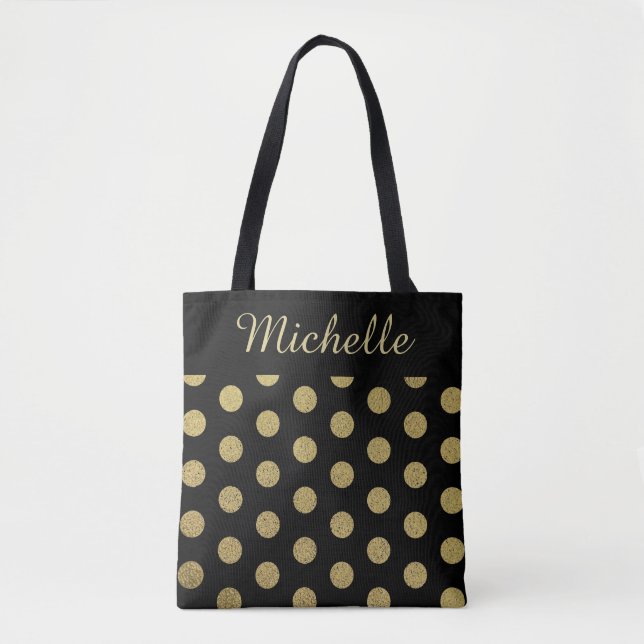 Individuelle Name Gold Polka Dot Black Tasche (Vorderseite)