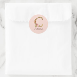 Individuelle Name Goldfolie Rosa Rose Letter C Runder Aufkleber