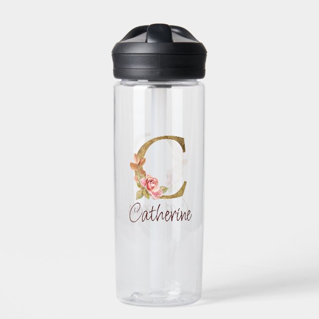 Individuelle Name Goldfolie Rosa Rose Letter C Trinkflasche (Vorderseite)