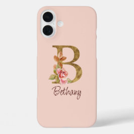Individuelle Name Goldfolie Rosa Rosen Buchstabe B iPhone 16 Plus Hülle
