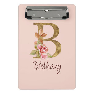 Individuelle Name Goldfolie Rosa Rosen Buchstabe B Mini Klemmbrett