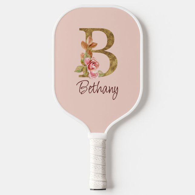 Individuelle Name Goldfolie Rosa Rosen Buchstabe B Pickleball Schläger (Vorderseite)