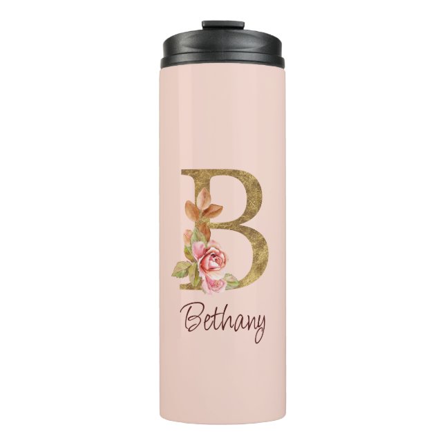 Individuelle Name Goldfolie Rosa Rosen Buchstabe B Thermosbecher (Vorderseite)