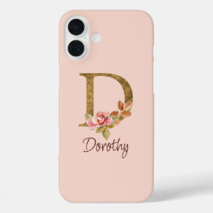 Individuelle Name Goldfolie Rosa Rosen Buchstabe D iPhone 16 Plus Hülle