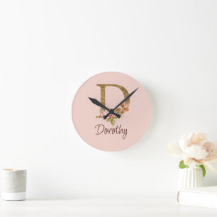 Individuelle Name Goldfolie Rosa Rosen Buchstabe D Runde Wanduhr