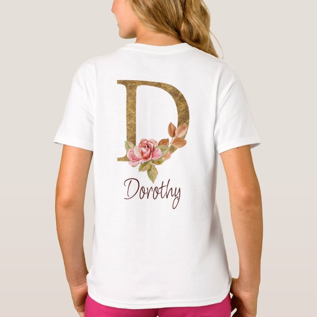 Individuelle Name Goldfolie Rosa Rosen Buchstabe D T-Shirt (Rückseite)