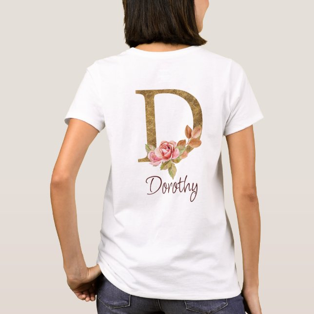 Individuelle Name Goldfolie Rosa Rosen Buchstabe D T-Shirt (Rückseite)
