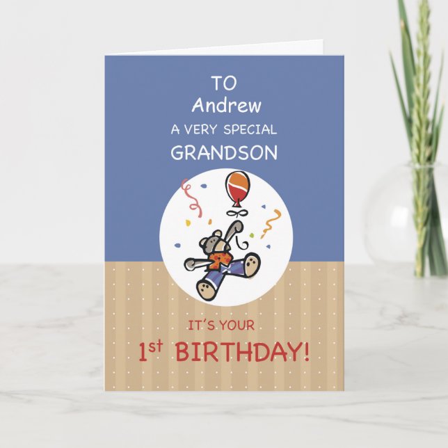 Individuelle Name Grandson 1. Teddy Bar Balloon Karte (Vorderseite)