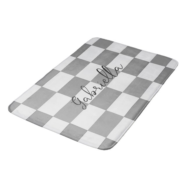 Individuelle Name-Graue Karo-Blockstruktur Badematte (Schrägansicht)