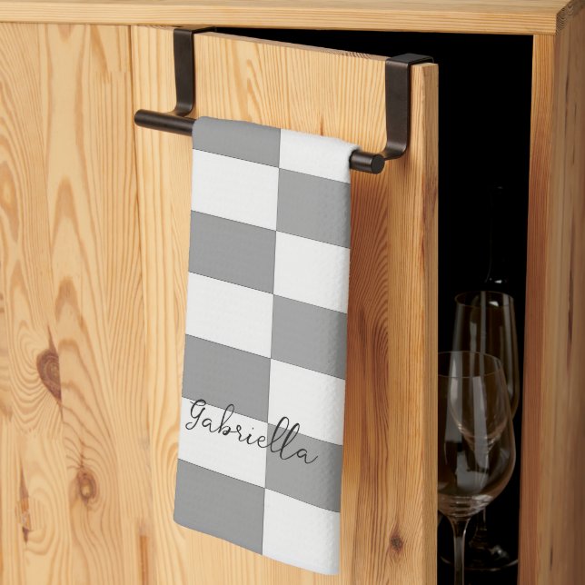Individuelle Name-Graue Karo-Blockstruktur Geschirrtuch (Drittel gefaltet)