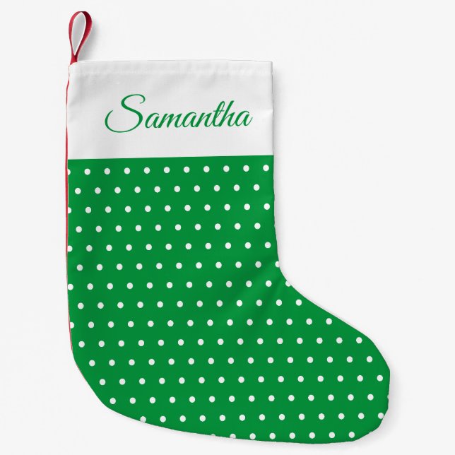 Individuelle Name Green und White Polka Dot Kleiner Weihnachtsstrumpf (Vorderseite)