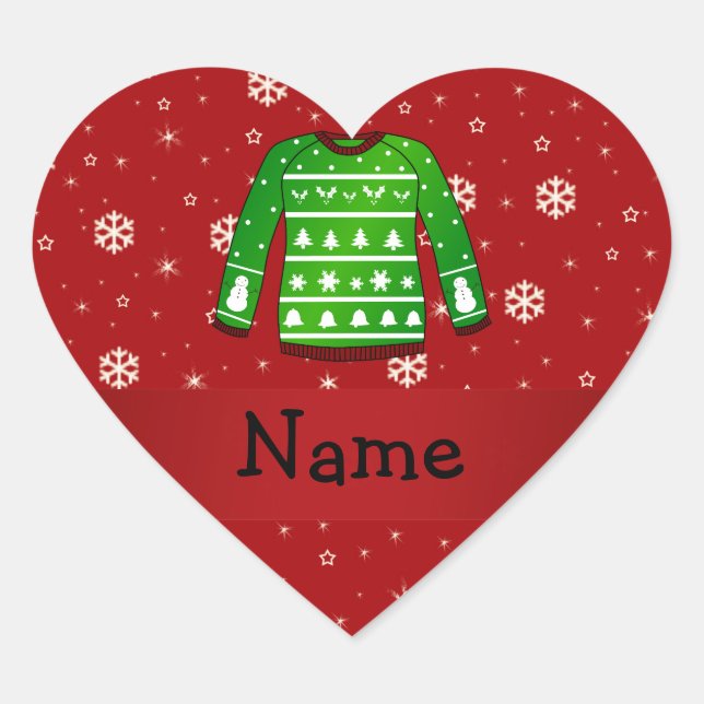 Individuelle Name-Grün hässlich Weihnachtspulli Herz-Aufkleber (Vorderseite)