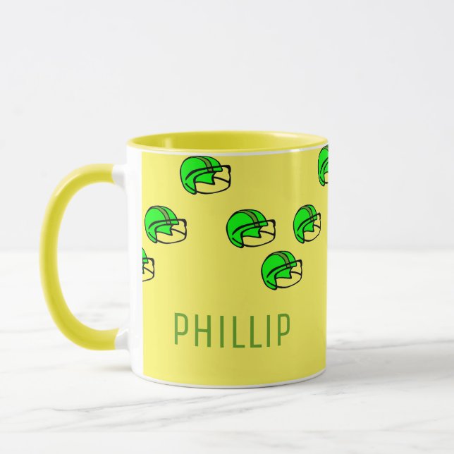 Individuelle Name-Grünfußballhelm gelb Tasse (Links)