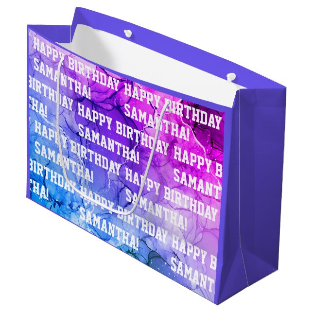 Individuelle Name Happy Birthday Blue/Lila Marble Große Geschenktüte (Vorderseite Schrägansicht)