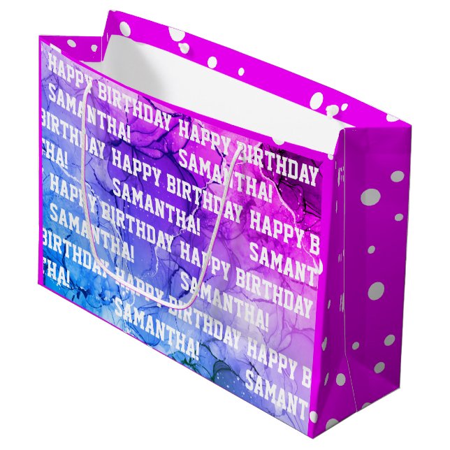 Individuelle Name Happy Birthday Rosa/Lila Marmor Große Geschenktüte (Vorderseite Schrägansicht)