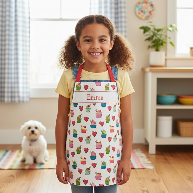Individuelle Name Hearts and Ice Cream Schürze für (Adorable ice cream love kids apron with custom name. 🍨)
