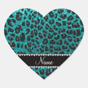 Individuelle Name heller Aqua-Glitzer Leoparddruck Herz-Aufkleber
