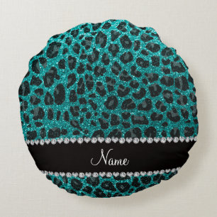 Individuelle Name heller Aqua-Glitzer Leoparddruck Rundes Kissen