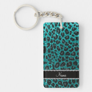 Individuelle Name heller Aqua-Glitzer Leoparddruck Schlüsselanhänger
