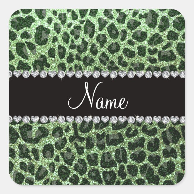 Individuelle Name hellgrün Glitzer Leopard Quadratischer Aufkleber (Vorderseite)