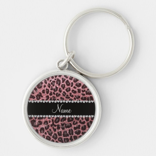 Individuelle Name hellrosa Glitzer Leopard Schlüsselanhänger (Vorne)