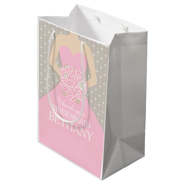 Individuelle Name Hochzeit Brautjungfrau Kleid ros Mittlere Geschenktüte (Rückseite Schrägansicht)
