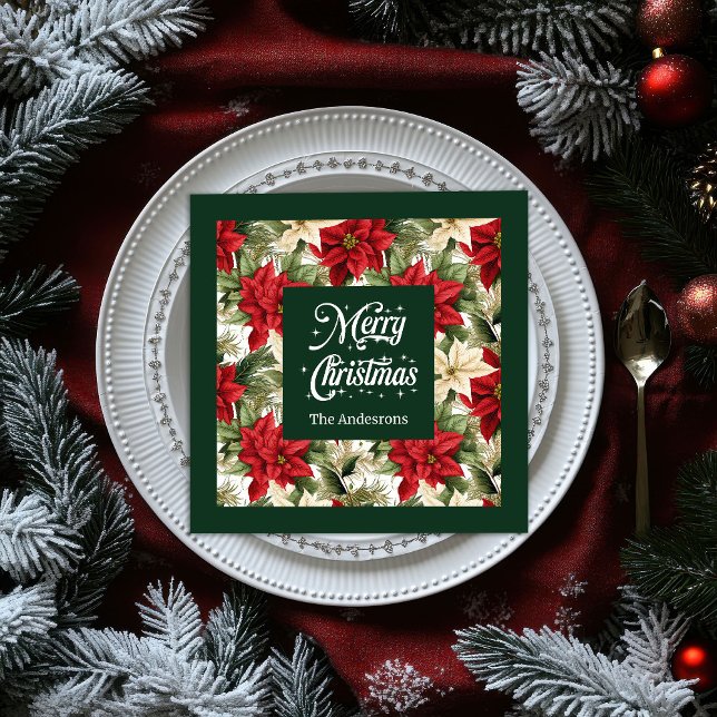 Individuelle Name Holiday Napkins Chic Poinsettia  Serviette (Custom Name Holiday Napkins Chic Poinsettia Style)