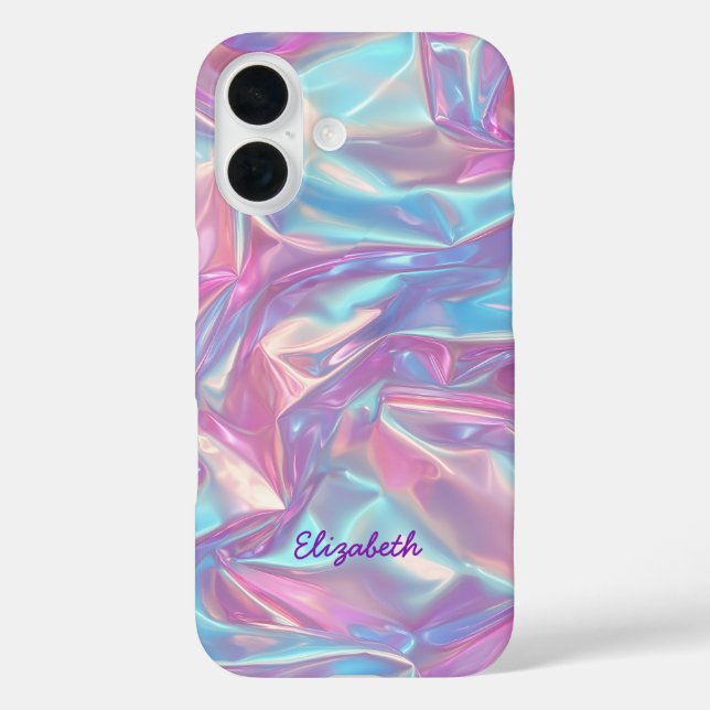 Individuelle Name Holographic Pastel Iridescent iPhone 16 Hülle (Rückseite)
