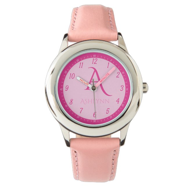 Individuelle Name Hot Pink Kids Monogram Learning Armbanduhr (Vorderseite)
