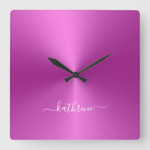 Individuelle Name Hot Pink Metallic Style Acrylic Quadratische Wanduhr
