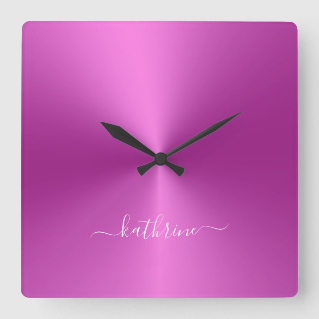 Individuelle Name Hot Pink Metallic Style Acrylic Quadratische Wanduhr (Vorderseite)