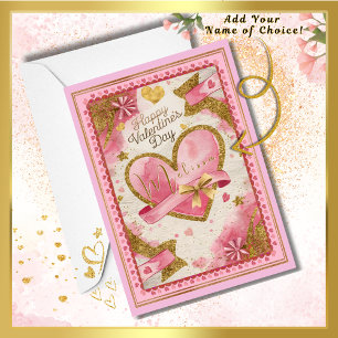 Individuelle Name Hübsch Pink Gold Hearts Valentin Karte