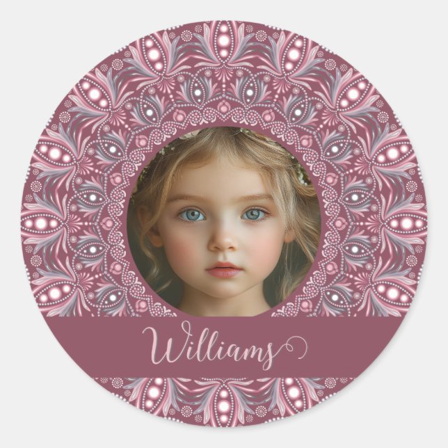 Individuelle Name Hübsch Rosa Mandala Foto Rahmen Runder Aufkleber (Vorderseite)