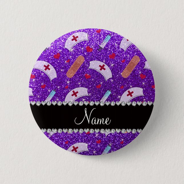 Individuelle Name indigo lila Glitzer Krankenschwe Button (Vorderseite)