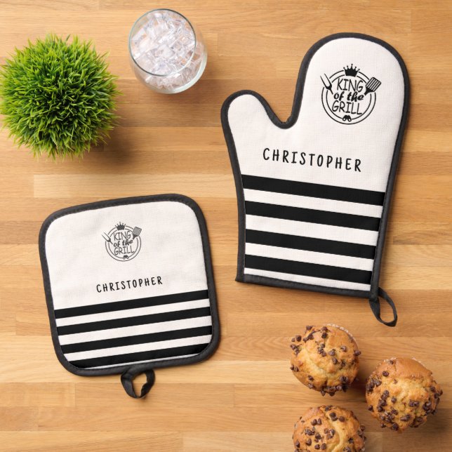 Individuelle Name King of the Grill White Ofenhandschuh & Topflappen-Set (Oben Unten)