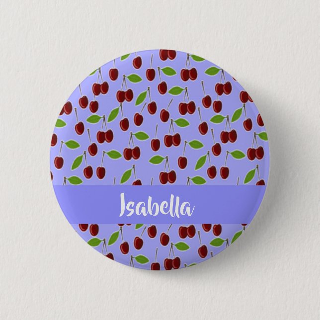 Individuelle Name Kirschen Muster blau Button (Vorderseite)