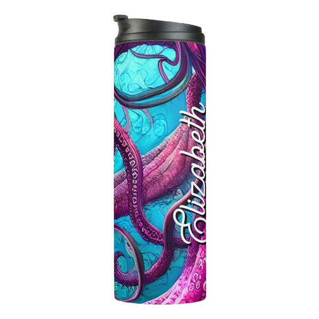 Individuelle Name Kraken Tentacles Pink Octopus Thermosbecher (Nach rechts gedreht)