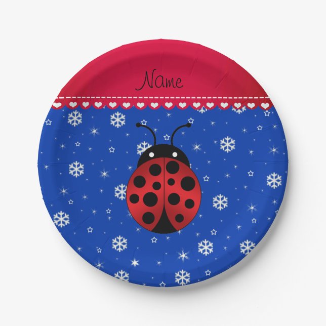 Individuelle Name ladybug blaue Schneeflocken rote Pappteller (Vorderseite)